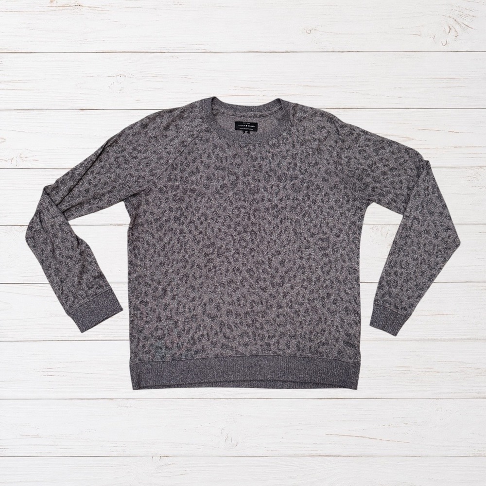 Leopard Print Grunge Lightweight Sweater Gray Textured Crewneck Lucky Brand S